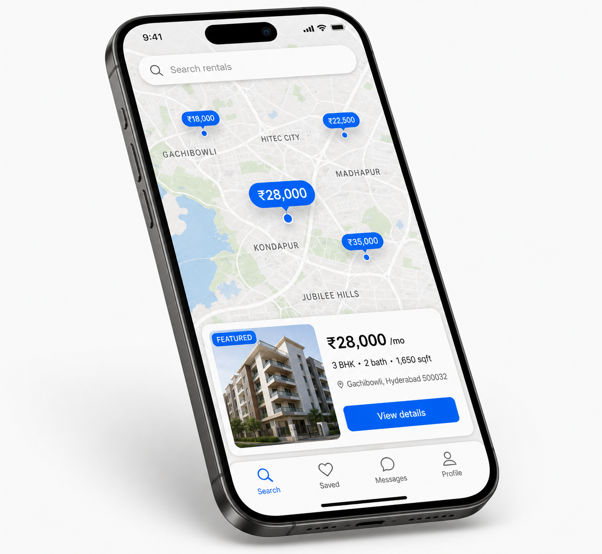 Rentazza app showing an interactive Hyderabad rental map with rupee price pins